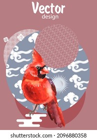 Cover template set with Patterns in Modern Style geometric ornate shapes with Cardinal bird. Visual drawing of ad poster or banner.