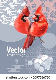 Cover template set with Patterns in Modern Style geometric ornate shapes with Cardinal bird. Visual drawing of ad poster or banner.