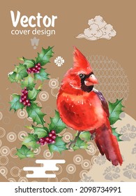 Cover template set with Patterns in Modern Style geometric ornate shapes with Cardinal bird. Visual drawing of ad poster or banner.