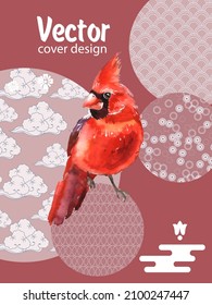 Cover template set with Patterns in Modern Style geometric ornate shapes with Cardinal bird. Visual drawing of ad poster or banner.