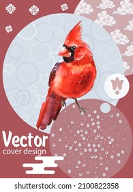 Cover template set with Patterns in Modern Style geometric ornate shapes with Cardinal bird. Visual drawing of ad poster or banner.
