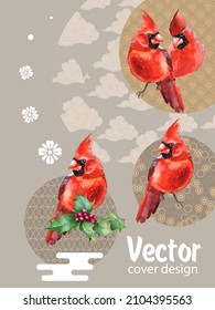 Cover template set with Patterns in Modern Style geometric ornate shapes with Cardinal bird. Visual drawing of ad poster or banner.