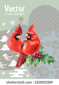 Cover template set with Patterns in Modern Style geometric ornate shapes with Cardinal bird. Visual drawing of ad poster or banner.