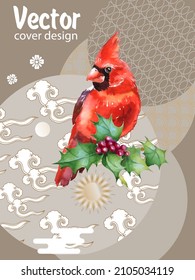 Cover template set with Patterns in Modern Style geometric ornate shapes with Cardinal bird. Visual drawing of ad poster or banner.