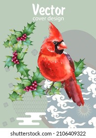 Cover template set with Patterns in Modern Style geometric ornate shapes with Cardinal bird. Visual drawing of ad poster or banner.