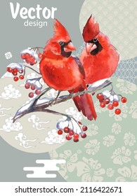 Cover template set with Patterns in Modern Style geometric ornate shapes with Cardinal bird. Visual drawing of ad poster or banner.