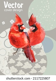 Cover template set with Patterns in Modern Style geometric ornate shapes with Cardinal bird. Visual drawing of ad poster or banner.