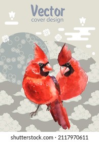 Cover template set with Patterns in Modern Style geometric ornate shapes with Cardinal bird. Visual drawing of ad poster or banner.