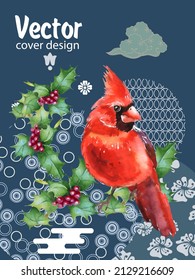 Cover template set with Patterns in Modern Style geometric ornate shapes with Cardinal bird. Visual drawing of ad poster or banner.