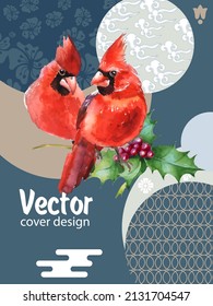 Cover template set with Patterns in Modern Style geometric ornate shapes with Cardinal bird. Visual drawing of ad poster or banner.
