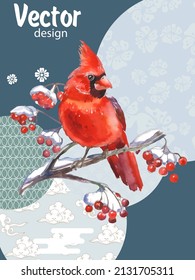 Cover template set with Patterns in Modern Style geometric ornate shapes with Cardinal bird. Visual drawing of ad poster or banner.
