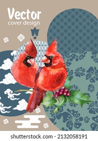 Cover template set with Patterns in Modern Style geometric ornate shapes with Cardinal bird. Visual drawing of ad poster or banner.
