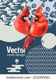 Cover template set with Patterns in Modern Style geometric ornate shapes with Cardinal bird. Visual drawing of ad poster or banner.
