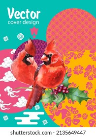 Cover template set with Patterns in Modern Style geometric ornate shapes with Cardinal bird. Visual drawing of ad poster or banner.