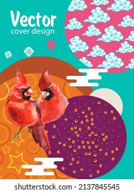 Cover template set with Patterns in Modern Style geometric ornate shapes with Cardinal bird. Visual drawing of ad poster or banner.