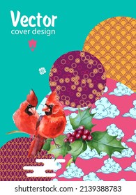 Cover template set with Patterns in Modern Style geometric ornate shapes with Cardinal bird. Visual drawing of ad poster or banner.
