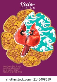 Cover template set with Patterns in Modern Style geometric ornate shapes with Cardinal bird. Visual drawing of ad poster or banner.