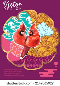 Cover template set with Patterns in Modern Style geometric ornate shapes with Cardinal bird. Visual drawing of ad poster or banner.
