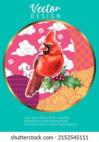 Cover template set with Patterns in Modern Style geometric ornate shapes with Cardinal bird. Visual drawing of ad poster or banner.
