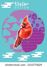 Cover template set with Patterns in Modern Style geometric ornate shapes with Cardinal bird. Visual drawing of ad poster or banner.