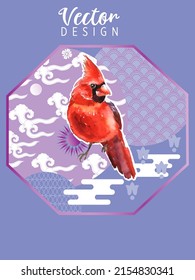 Cover template set with Patterns in Modern Style geometric ornate shapes with Cardinal bird. Visual drawing of ad poster or banner.