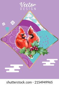 Cover template set with Patterns in Modern Style geometric ornate shapes with Cardinal bird. Visual drawing of ad poster or banner.