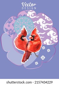 Cover template set with Patterns in Modern Style geometric ornate shapes with Cardinal bird. Visual drawing of ad poster or banner.
