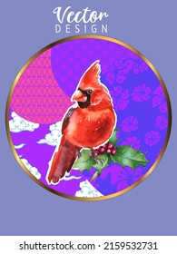 Cover template set with Patterns in Modern Style geometric ornate shapes with Cardinal bird. Visual drawing of ad poster or banner.
