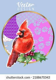 Cover template set with Patterns in Modern Style geometric ornate shapes with Cardinal bird. Cardinal birds are a symbol of Christmas. Visual drawing of ad poster or banner.