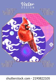 Plantilla de portada con Patrones en formas geométricas ornadas de estilo moderno con pájaro cardinal. Las aves cardinales son un símbolo de la Navidad. Dibujo visual de afiche o cartel publicitario.