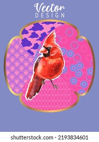 Cover template set with Patterns in Modern Style geometric ornate shapes with Cardinal bird. Cardinal birds are a symbol of Christmas. Visual drawing of ad poster or banner.