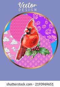Cover template set with Patterns in Modern Style geometric ornate shapes with Cardinal bird. Cardinal birds are a symbol of Christmas. Visual drawing of ad poster or banner.