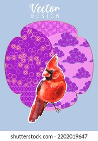 Plantilla de portada con Patrones en formas geométricas ornadas de estilo moderno con pájaro cardinal. Las aves cardinales son un símbolo de la Navidad. Dibujo visual de afiche o cartel publicitario.
