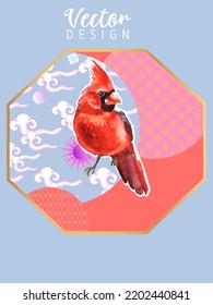 Cover template set with Patterns in Modern Style geometric ornate shapes with Cardinal bird. Cardinal birds are a symbol of Christmas. Visual drawing of ad poster or banner.
