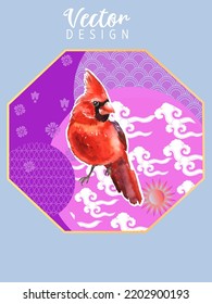 Cover template set with Patterns in Modern Style geometric ornate shapes with Cardinal bird. Cardinal birds are a symbol of Christmas. Visual drawing of ad poster or banner.
