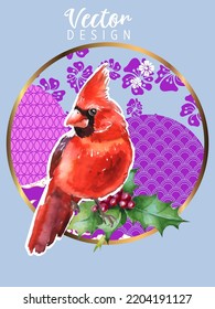 Cover template set with Patterns in Modern Style geometric ornate shapes with Cardinal bird. Cardinal birds are a symbol of Christmas. Visual drawing of ad poster or banner.
