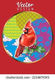 Cover template set with Patterns in Modern Style geometric ornate shapes with Cardinal bird. Cardinal birds are a symbol of Christmas. Visual drawing of ad poster or banner.
