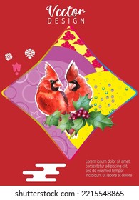 Cover template set with Patterns in Modern Style geometric ornate shapes with Cardinal bird. Cardinal birds are a symbol of Christmas. Visual drawing of ad poster or banner.

