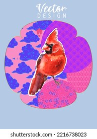 Cover template set with Patterns in Modern Style geometric ornate shapes with Cardinal bird. Cardinal birds are a symbol of Christmas. Visual drawing of ad poster or banner.

