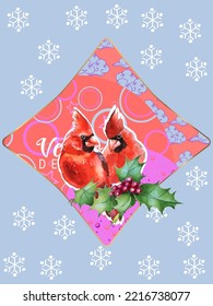 Cover template set with Patterns in Modern Style geometric ornate shapes with Cardinal bird. Cardinal birds are a symbol of Christmas. Visual drawing of ad poster or banner.

