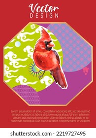 Cover template set with Patterns in Modern Style geometric ornate shapes with Cardinal bird. Cardinal birds are a symbol of Christmas. Visual drawing of ad poster or banner.
