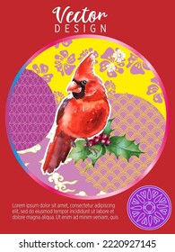 Cover template set with Patterns in Modern Style geometric ornate shapes with Cardinal bird. Cardinal birds are a symbol of Christmas. Visual drawing of ad poster or banner.
