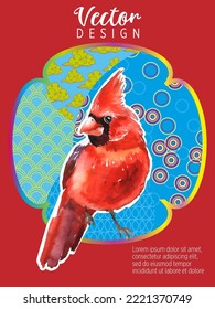 Cover template set with Patterns in Modern Style geometric ornate shapes with Cardinal bird. Cardinal birds are a symbol of Christmas. Visual drawing of ad poster or banner.
