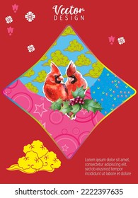Cover template set with Patterns in Modern Style geometric ornate shapes with Cardinal bird. Cardinal birds are a symbol of Christmas. Visual drawing of ad poster or banner.