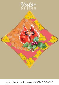 Cover template set with Patterns in Modern Style geometric ornate shapes with Cardinal bird. Cardinal birds are a symbol of Christmas. Visual drawing of ad poster or banner.