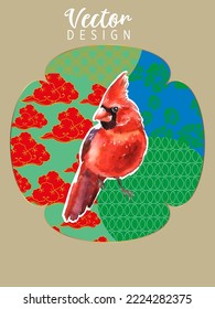 Cover template set with Patterns in Modern Style geometric ornate shapes with Cardinal bird. Cardinal birds are a symbol of Christmas. Visual drawing of ad poster or banner.