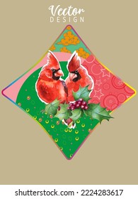 Cover template set with Patterns in Modern Style geometric ornate shapes with Cardinal bird. Cardinal birds are a symbol of Christmas. Visual drawing of ad poster or banner.

