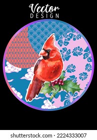 Cover template set with Patterns in Modern Style geometric ornate shapes with Cardinal bird. Cardinal birds are a symbol of Christmas. Visual drawing of ad poster or banner.
