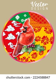 Cover template set with Patterns in Modern Style geometric ornate shapes with Cardinal bird. Cardinal birds are a symbol of Christmas. Visual drawing of ad poster or banner.