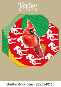 Cover template set with Patterns in Modern Style geometric ornate shapes with Cardinal bird. Cardinal birds are a symbol of Christmas. Visual drawing of ad poster or banner.
